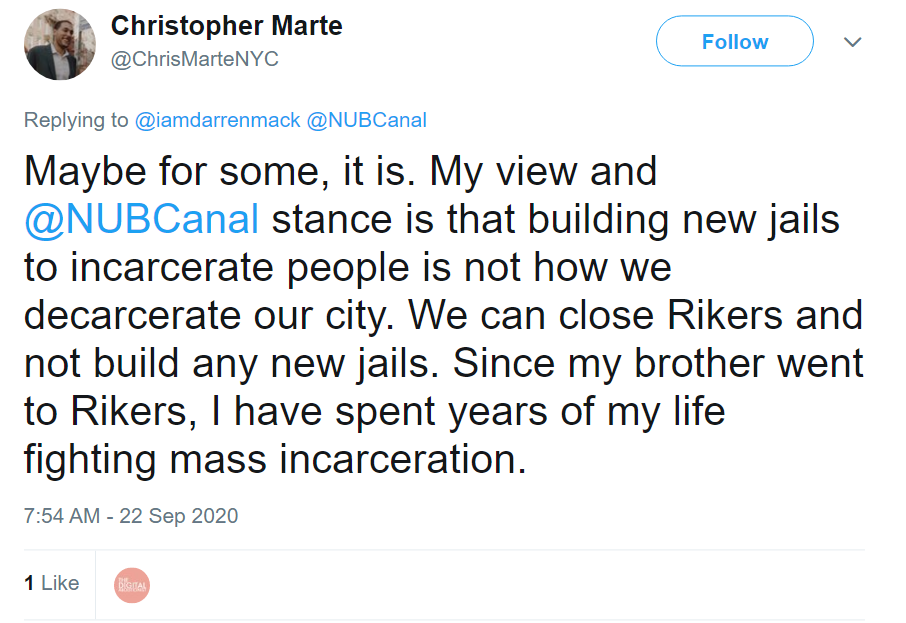 ChrisMarteNYC tweet about opposing the building of new jails. Instead, he wants to decarcerate violent criminals.