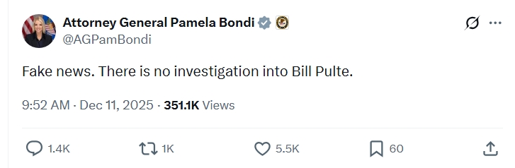 2025-12-11 AG Pam Bondi Fake News - X Post