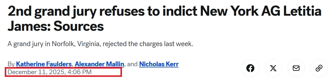 2025-12-11 Grand Jury Refuses to Indict New York AG Letitia James Sources ABC News