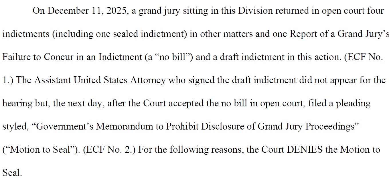 2025-12-15 USA v Letitia James Judge's Order Page 1 Assistant US Attorney Did Not Appear for Hearing