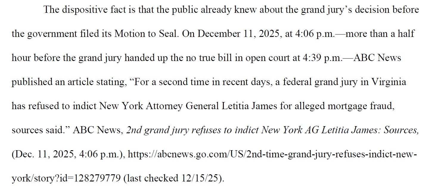2025-12-15 USA v Letitia James Judge's Order Page 2 ABC News Leak